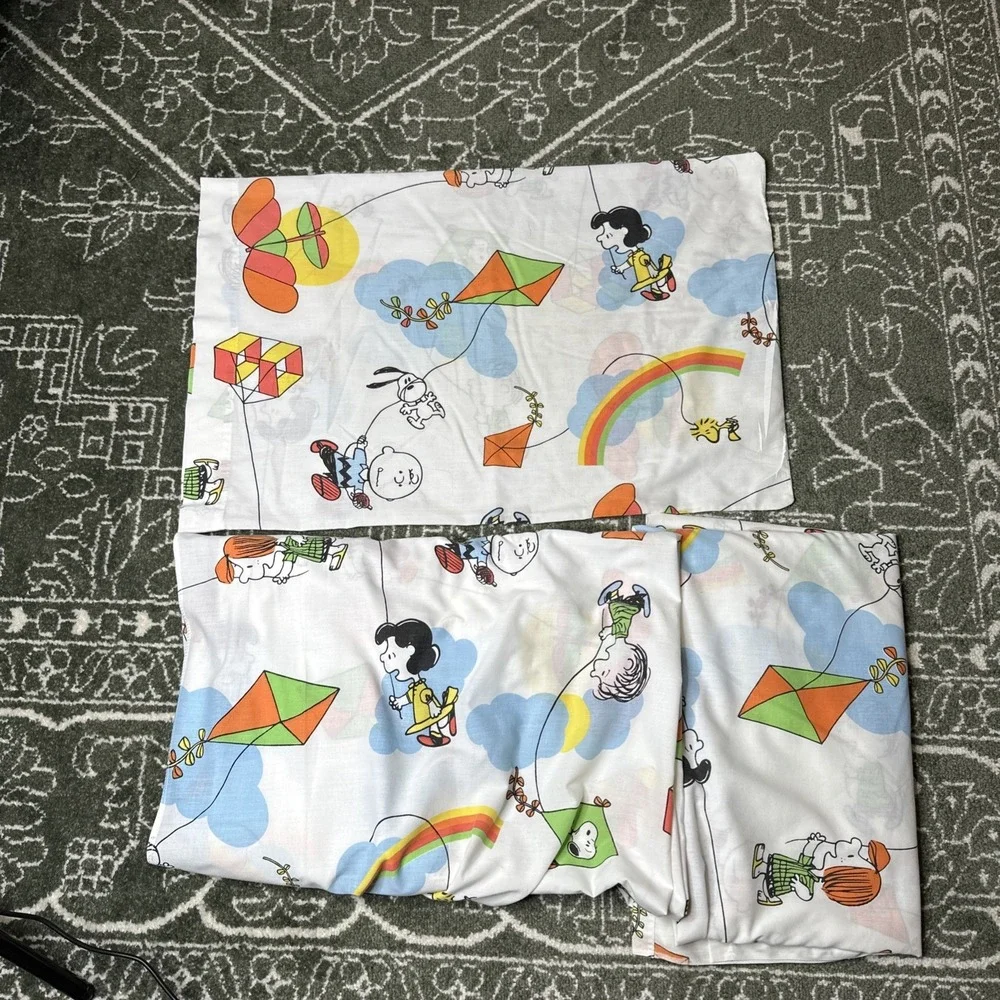 VTG ‘68 Peanuts Kite Fly 3 Pc Twin Sheet Charlie Brown Snoopy Fitted, Flat, Case